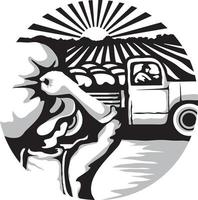 ilustración de la actividad de cosecha de cultivos en una granja donde un agricultor transporta un saco de cultivo y otro conduce un camión. vector