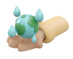 3D Rendering of hand holding earth icon with water drop isolated on white background concept of world water day. 3D Render illustration cartoon style. photo