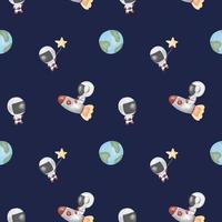 Cute seamless hand drawn watercolor astronaut travel in space pattern background for children photo