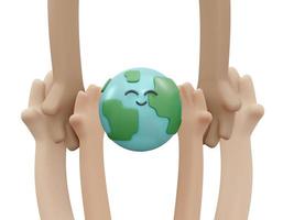 3D Rendering of hand holding happy smiley earth icon concept of World Environment Day background, banner, card, poster. 3D Render illustration cartoon style. photo