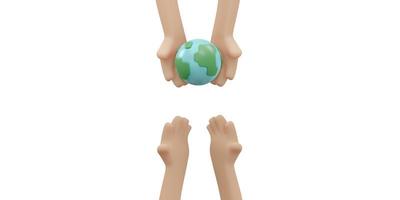 3D Rendering of hand giving earth icon to hand concept of earth day background, banner, card, poster with text inscription. 3D Render illustration cartoon style. photo