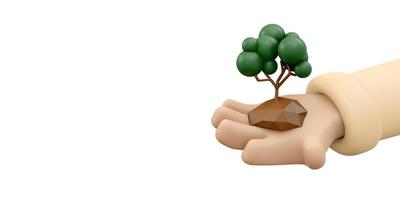 3D Rendering of hand holding tree icon concept of World Environment Day background, banner, card, poster. 3D Render illustration cartoon style. photo