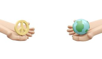 3D Rendering of hand holding globe and peace sign on white background concept of no war stop fighting save the world. 3D Render illustration cartoon style. photo