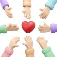 3D Rendering of hands reach out to heart in the middle concept of support and helping hand. 3D Render illustration cartoon style. photo