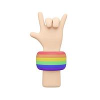 3D Rendering of hand gesturing love hand sign with rainbow wristband concept of support and accept LGBT people isolate on white  background. 3D Render illustration cartoon style. photo