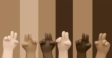 3D Rendering of hands in many color skin gesturing peace sign  on colors background with text inscription banner concept of stop racism no war, equality of human rights. 3D Render illustration. photo