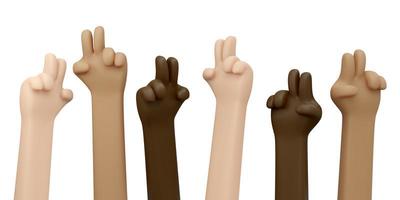 3D Rendering of hands in many color skin gesturing peace sign isolated on white background banner concept of no war stop fighting save the world. 3D Render illustration cartoon style. photo