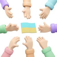 3D Rendering of hands reach out to Ukraine flag in the middle concept of support and help for Ukrainian. 3D Render illustration cartoon style. photo