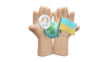 3D Rendering of globe peace sign and Ukraine flag on white background concept of no war stop fighting. 3D Render illustration cartoon style. photo