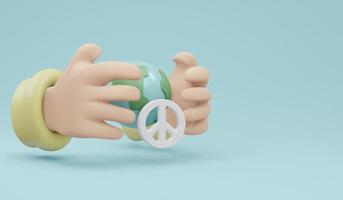 3D Rendering of hand protecting globe peace sign on background concept of no war stop fighting save the world. 3D Render illustration cartoon style. photo