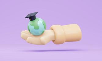 3D Rendering of hand holding earth with graduation hat on concept of online global worldwide education on purple background. 3D Render illustration cartoon style. photo