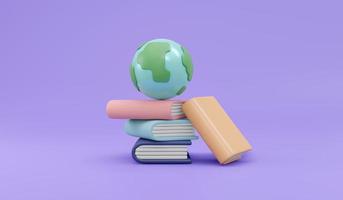 3D Rendering of Books and global icon. Template for background, banner, card, poster with text inscription concept of education. 3D Render illustration cartoon style. photo