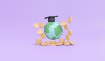 3d rendering of graduation cap icon coins and global icon concept of saving money for education on background. 3d render illustration cartoon style. photo