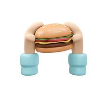 Representación 3d de la mano que sujeta la hamburguesa aislada sobre fondo blanco. estilo de dibujos animados de ilustración de procesamiento 3d. foto