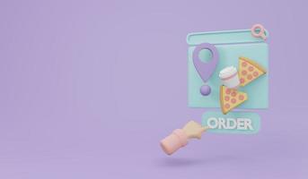 3D Rendering of food and order button with copy space on background for commercial  concept of online food delivery. 3D Render illustration cartoon style. photo