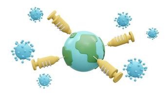 La representación 3d del icono de la tierra con la vacuna de la jeringa protege del concepto de virus de la inmunidad del rebaño mundial en segundo plano. estilo de dibujos animados de ilustración de procesamiento 3d. foto