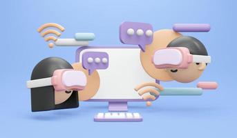 3D Rendering of girl boy with visual reality glasses sharing information platform concept of VR Metaverse technology. 3D Render illustration cartoon style. photo