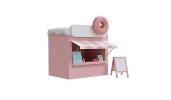 Representación 3d del vendedor de la tienda de donuts rosa aislado sobre fondo blanco. estilo de dibujos animados de ilustración de procesamiento 3d. foto