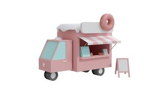 3D Rendering of pink doughnut shop vendor isolated on white background. 3D Render illustration cartoon style. photo