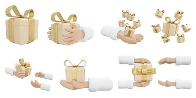 3D Rendering of set of hand holding luxury gold gift box concept of present decoration icon collection for commercial design isolated on white background. 3D Render illustration cartoon style. photo