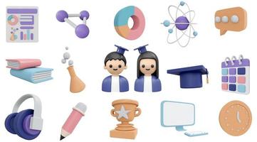 3D Rendering of set of education elements graduate boy and girl with science icon book and computer collection isolated on white background. 3D Render illustration cartoon style. photo