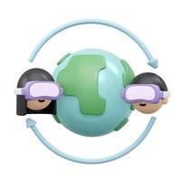 3D Rendering of boy and girl with VR metaverse glasses and golbal icon concept of online technology worldwide exchange information isolate on white background. 3D Render illustration cartoon style. photo