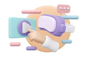 Representación 3D de la mano, haga clic en Iniciar para reproducir música, inicie el icono del reproductor y los auriculares vr aislados en el concepto de fondo de la música en Internet. estilo de dibujos animados de ilustración de procesamiento 3d. foto