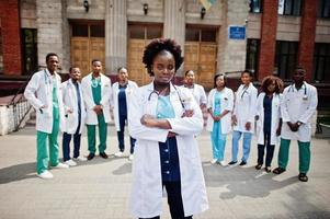 Group of african doctors students near medical university outdoor. photo