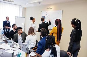 Mixed race business coach presenting report standing near whiteboard pointing on sales statistic shown on diagram and chart teach diverse company members gathered together in conference room. photo