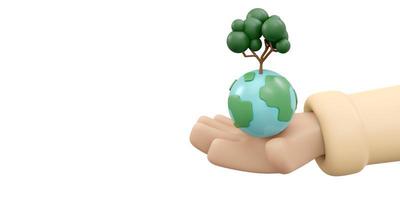 3D Rendering of hand holding earth and tree icon concept of World Environment Day background, banner, card, poster. 3D Render illustration cartoon style. photo