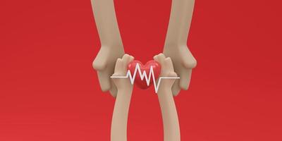 3D Rendering of hand holding heart with lifeline on red background concept of blood and organ donation. 3D render illustration cartoon style. photo