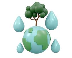 3D Rendering of earth icon with water drop and tree isolated on white background concept of world water day. 3D Render illustration cartoon style. photo