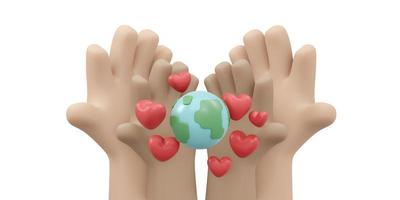 3D Rendering of hand holding earth and heart icon concept of earth and environment day background, banner, card, poster. 3D Render illustration cartoon style. photo