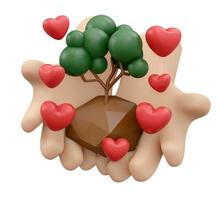 3D Rendering of hand holding tree and heart icon concept of World Environment Day background, banner, card, poster. 3D Render illustration cartoon style. photo