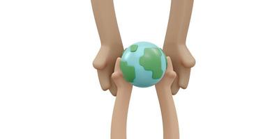 3D Rendering of hand giving earth icon to hand concept of earth day background, banner, card, poster with text inscription. 3D Render illustration cartoon style. photo