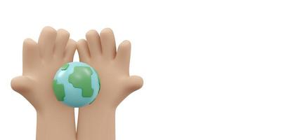 3D Rendering of hand holding earth icon concept of earth day background, banner, card, poster. 3D Render illustration cartoon style. photo