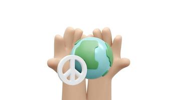 3D Rendering of hand holding globe and peace sign on white background concept of no war stop fighting save the world. 3D Render illustration cartoon style. photo