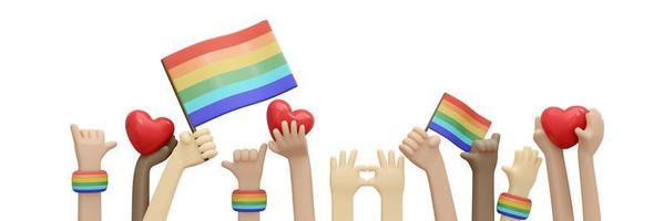 3D Rendering of hand protesting for pride parade concept of support and accept LGBT people isolate on white  background, banner, card, poster. 3D Render illustration cartoon style. photo