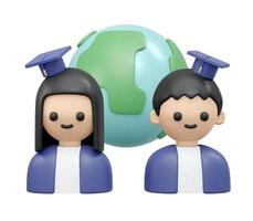 3d rendering of girl boy with graduation hat and global icon concept of worldwide online studying education. 3d render illustration cartoon style. photo