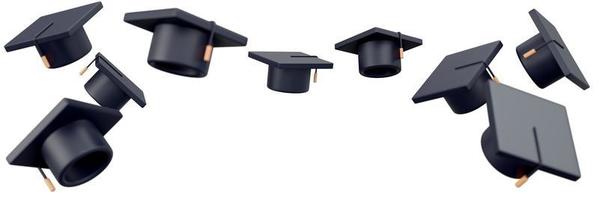 3D Rendering of graduation hat flying in the air concept of graduation banner. 3D Render illustration. photo