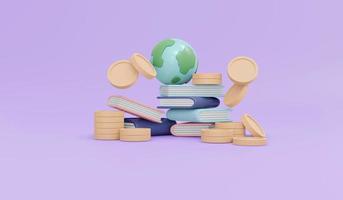 3d rendering of global icon coins and books concept of saving money for education on background. 3d render illustration cartoon style. photo