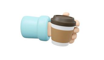 3D Rendering of hand holding cup of takeaway coffee isolate on white background. 3D Render illustration cartoon style. photo