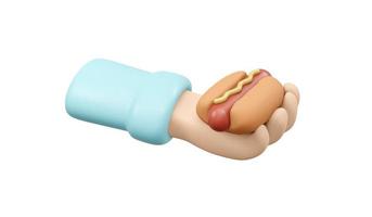3D Rendering of hand holding hotdog isolate on white background. 3D Render illustration cartoon style. photo