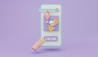 3D Rendering of Phone with food and order button on background concept of online food delivery. 3D Render illustration cartoon style. photo