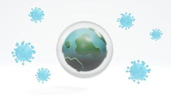 3D Rendering of earth icon with bubble protect from virus concept of world herd immunity on background. 3D render illustration cartoon style. photo