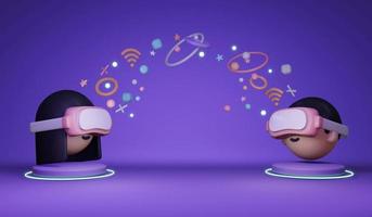 3D Rendering of girl boy with visual reality glasses sharing information platform concept of VR Metaverse technology. 3D Render illustration cartoon style. photo