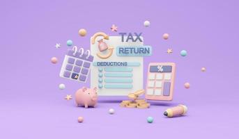 3D Rendering of tax return form document paper with money elements concept of tax duty on background. 3D render illustration cartoon style. photo