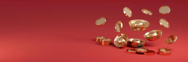 3D Rendering of golden coin and ingot on red background, banner, card, poster concept of wealthy with space for text. 3D Render illustration cartoon style. photo