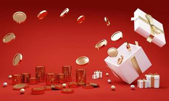 3D Rendering of golden coin and gift box on red background, banner, card, poster concept of wealthy with space for text. 3D Render illustration cartoon style. photo