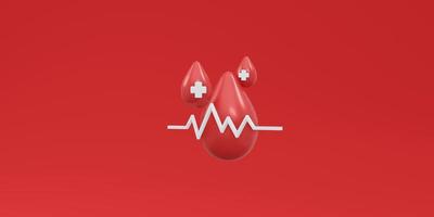 3D Rendering of blood drop with lifeline and red cross sign on red background concept of blood and organ donation. 3D render illustration cartoon style. photo